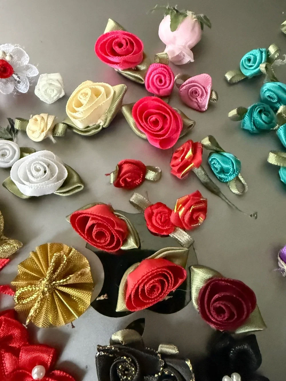 Vintage Satin Ribbon Rose Bow Craft Embellishment Lot